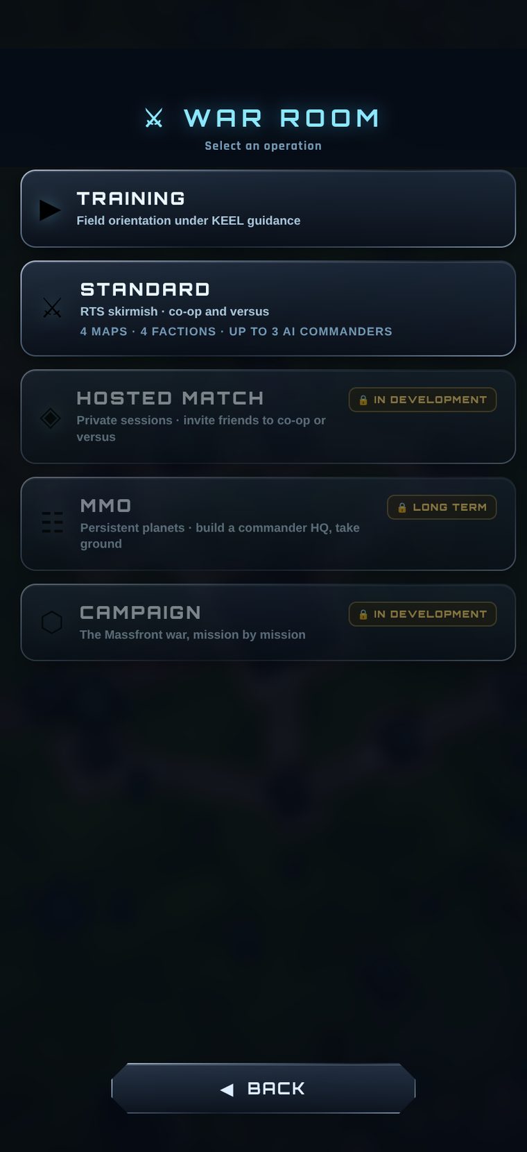 The War Room mode select screen